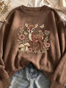 Women's Casual Round Neck Letter Print Sweatshirt (Autumn/Winter) - Dark Ochre - View 1