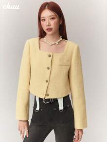 CHUU Women's Thermal Lined Wool Blend Coat, Autumn/Winter Long Sleeve Thick Warm Short Jacket - Yellow - View 3