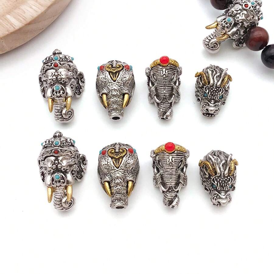 2pcs/Set Manik-manik Guru Naga Gajah, Manik-manik Kepala Buddha Tiga Arah Batu Bertatahkan Paduan Dua Warna, Untuk Aksesori Pembuatan Perhiasan DIY Gelang Mala - MultiWarna - View 1
