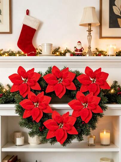 5PCS Artificial Poinsettia For Christmas Tree Decoration, Home Decoration, Wedding Decoration, Room, Balcony, Kitchen, Dining Room, Bedroom, Living Room Decoration, Party Decoration, Halloween Decoration, Christmas Gifts, Outdoor Decoration