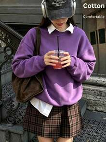Women's Loose Fit Knitted Fabric Sweatshirt,Purple Drop Shoulder Long Sleeve Round Neck Pullover For Everyday Comfort,Autumn Winte Y2K Street Outings - Purple - View 5
