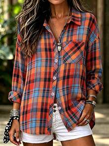 Women's Plus Size Casual Loose Fit Colorblock Plaid Button-Down Shirt - Red - View 1