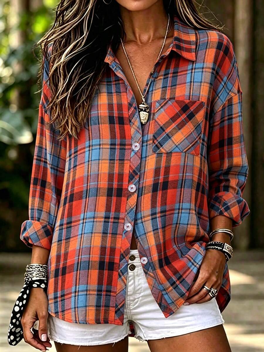 Women's Plus Size Casual Loose Fit Colorblock Plaid Button-Down Shirt - Red - View 1