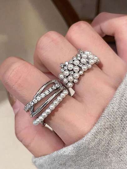 1pc Luxury Niche High-End Crown Fashion Elegant Versatile Index Finger Ring Multi-Layer Sparkling Rhinestone Pearl Ring For Women