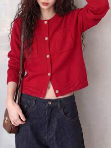 Women's Vintage Red Knit Cardigan, Gold Buttons, Long Sleeve Crew Neck Sweater, Winter Warm - Red - View 3