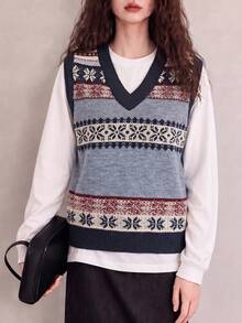 Women's Vintage Old Money Style V-Neck Pullover Vest, Autumn/Winter - Multicolor - View 4