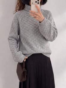 Sweater Pullover Rajut Tekstur Leher Tinggi Longgar Kasual Baru Musim Dingin Wanita - Grey - View 3