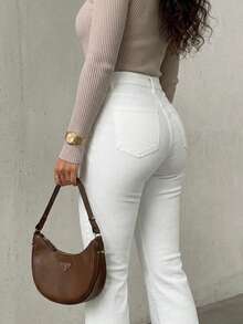 Plus Size White Flare Jeans, With Pockets And Zipper, High Elasticity Long Pants, Suitable For Daily Fashion Wear - White - View 4