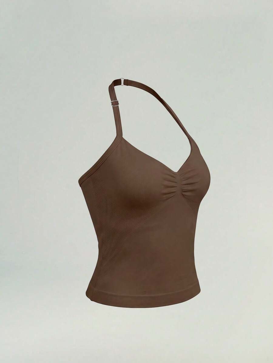 UONNOU Women's Brown Sports Shaping Tank Top, Halter V-Neck Ruched With Padded Support Sports Bra, Yoga Fitness Casual Sports Outfit Summer - Brown - View 1
