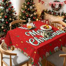 1件紅色背景聖誕主題桌布，中央手寫「Merry Christmas」文字搭配鹿角帽裝飾，周圍環繞小屋、雪人、聖誕樹、禮物盒、冬青葉與金箔點綴，適用於廚房餐桌布置、餐廳裝飾、野餐露營、派對場景、農舍風裝飾、桌面美化與營造節日氛圍 - 彩色 - 查看 16