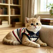 HaoX 2pcs Pet Polo Collar Vest Shirt + Pet Storage Hook Set, Suitable For Cats And Small Dogs, Sleeveless Striped Pet Clothes, Suitable For Ragdoll, Golden Shaded, Devon Rex, Orange Cat, Teddy And Bichon, Comfortable Indoor Daily Wear Set - Multicolor - View 2
