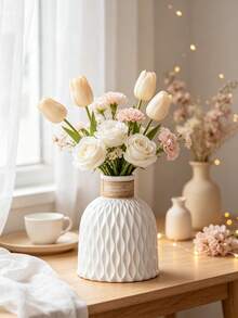 1pc Textured Vase, White Matte Wavy Pattern Vase With Rope Decor, Minimalist Farmhouse Style Decoration, Suitable For Dining Table, Living Room And Wedding Centerpiece Decor, Matte Farmhouse Style Decoration, Rope Decor Vase, Minimalist Gift - 1pc - View 8
