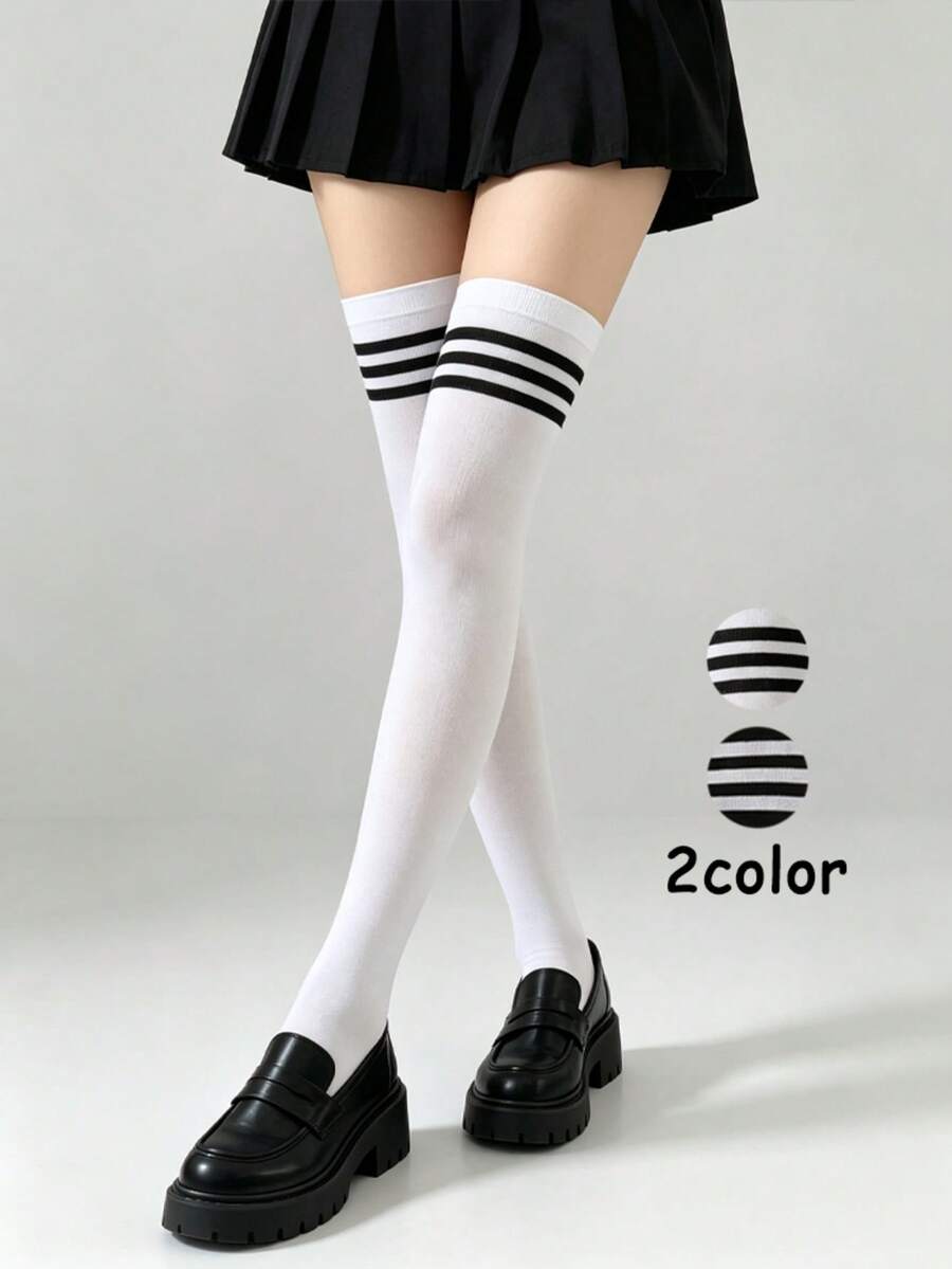1/2/3雙女款天鵝絨三條紋過膝襪,修身高筒襪,適合日常與運動穿著 - 三條紋過膝襪 - 查看 1