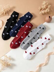5 Pairs Minimalist Small Heart Jacquard Mid-Calf Socks, Multi-Color All-Match Heart Pattern Socks, Versatile Casual Socks For Girls - Multicolor - View 6