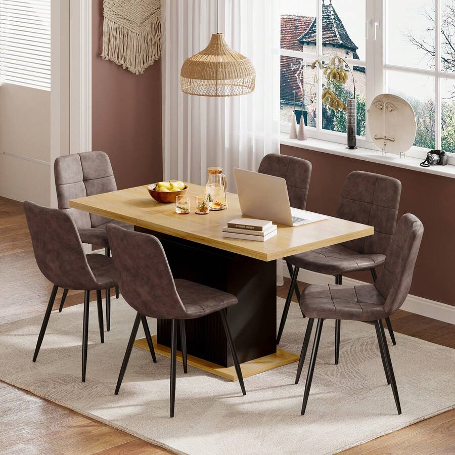 Extendable Dining Table And Chairs Set Of 6, Rectangular Dining Table With Storage Rack And Padded Chairs, Durable Dining Furniture Set Suitable For Dining Room And Kitchen - Wood & Black Table + Brown PU Chair - View 1