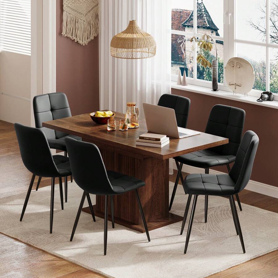 Extendable Dining Table And Chairs Set Of 6, Rectangular Dining Table With Storage Rack And Padded Chairs, Durable Dining Furniture Set Suitable For Dining Room And Kitchen - Brown Table + Black Linen Chair - View 1