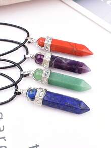 Natural Crystal Hexagonal Pillar Pendant Necklace, Rotating Round Bead Crystal Pillar Charm, Vintage Silver-Tone Leather Cord Necklace, Healing Energy Stone Accessory - Round Bead Single Point Pendant - View 4