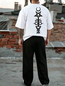 2pcs/Set Plus Size Men's Casual Short Sleeve Knit T-Shirt & Straight Leg Sweatpants Set, "Rune Style Moon And Stars" Print, Spring/Autumn, Machine Washable - Multicolor - View 2