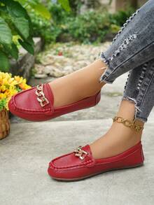 Sepatu Loafer Slip-On Rantai Emas Bergaya Baru untuk Wanita, Sepatu Kasual Datar Karet Ringan dan Nyaman Serbaguna - Merah - View 4