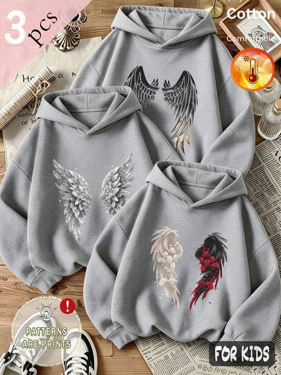 Fall/Winter 3 Pieces Set Girls' Hooded Sweatshirt Wing Print Gray Long Sleeve Cotton Y2K Style