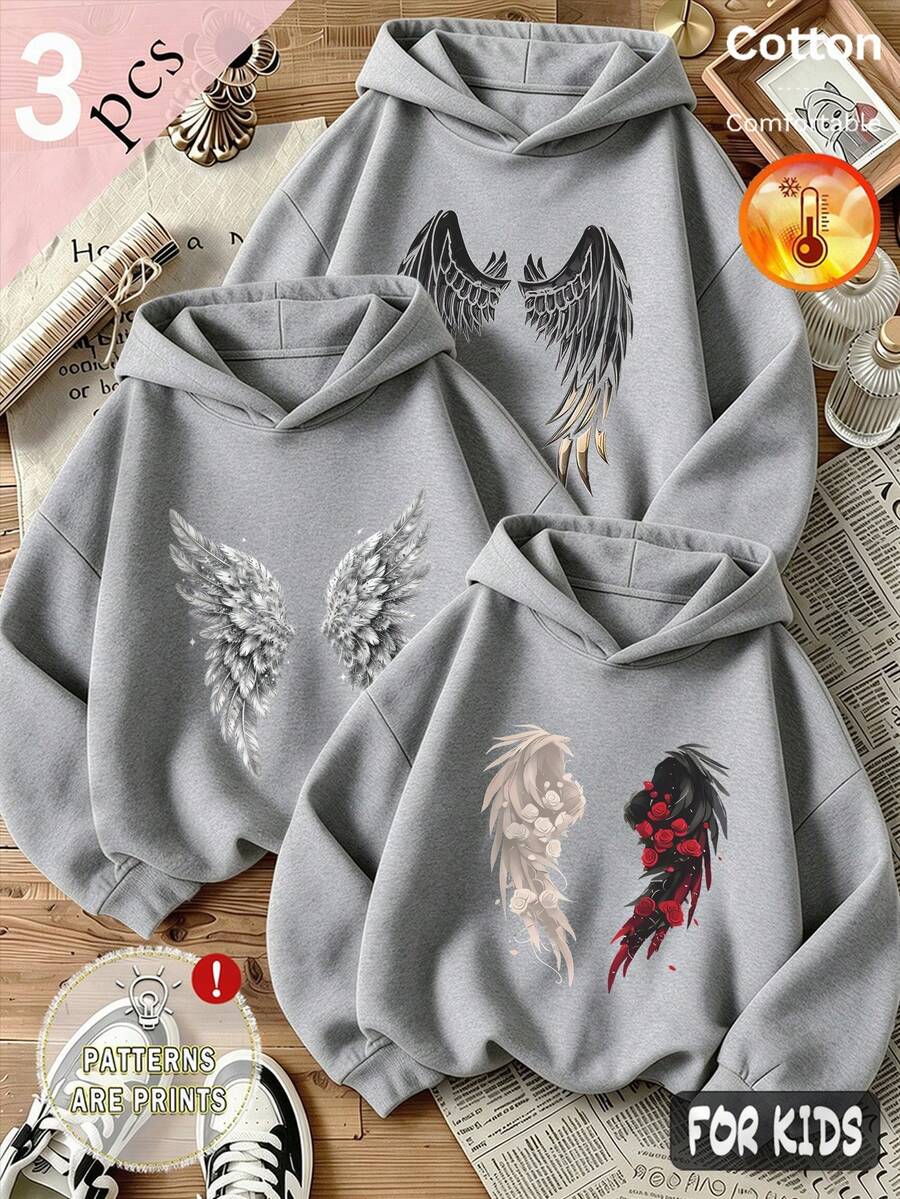 Fall/Winter 3 Pieces Set Girls' Hooded Sweatshirt Wing Print Gray Long Sleeve Cotton Y2K Style - Heather Gray+Heather Gray+Heather Gray - View 1