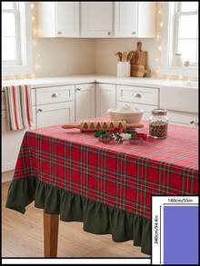 1pc Red & Green Classic Large Plaid Tablecloth, Traditional Country Style, Rectangular Green Leaf Edge With Pleated Details, Stain-Resistant Protective Table Cover, Functional Home Long Tablecloth Suitable For Christmas Family Gatherings And Winter Holiday Kitchen Decor - Red - View 19