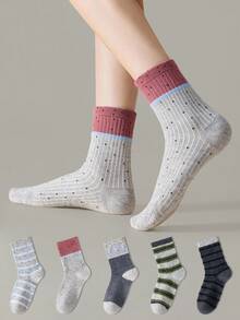 ZUJO 5 Pairs Women's Mid-Calf Dot Mesh Socks, Striped Pattern, Korean Vintage Colorblock Slouch Socks, Versatile Soft Comfortable, Suitable For Spring Autumn Winter Sports And Daily Wear - Multicolor - View 3