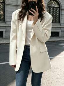 Women's Autumn/Winter Solid Color Fashion Commute Oversized Padded Shoulder Single-Breasted One-Button Long Sleeve Blazer Jacket With Lining - Apricot - View 4