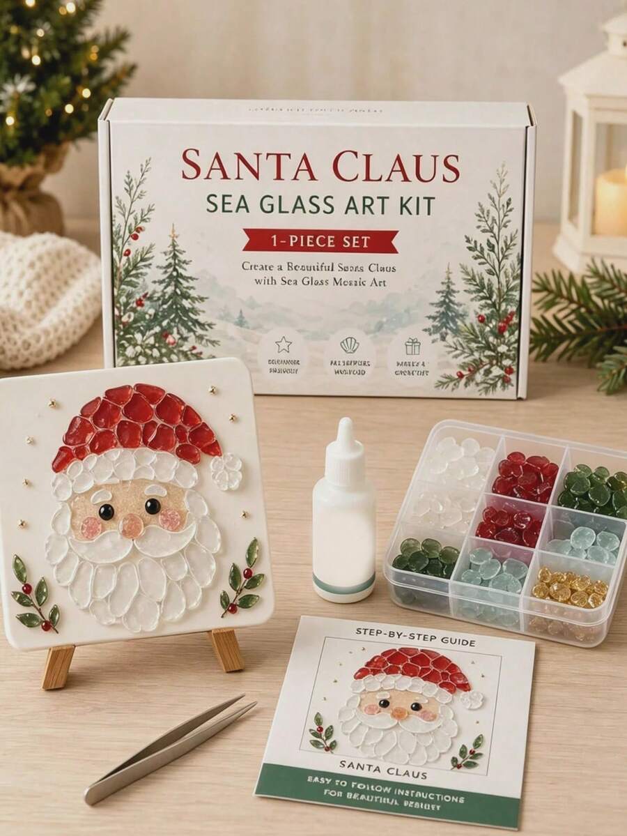 Christmas Sea Glass Mosaic DIY Art Kit, Adult Version, 6 Holiday Designs, 4-Inch Handmade Mosaic Craft Set With Display Stand, Creative Christmas Tabletop Decor, Holiday Gift For Craft Beginners - Multicolor - View 1