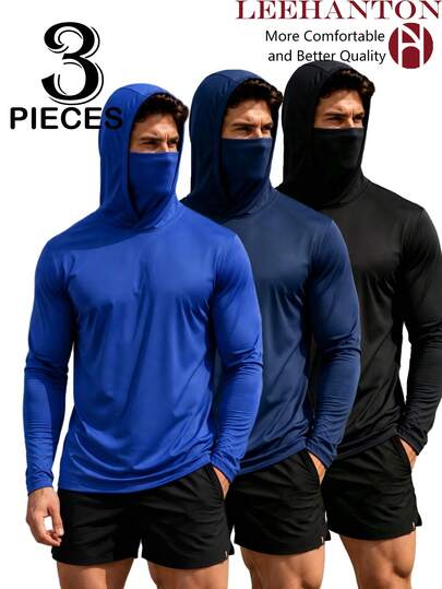 3-Pack Men's UPF 50+ Sun Protection Shirt, Hoodie, And Face Mask, Men's Autumn Apparel, Outdoor Workwear, Ideal For Fishing And Hiking