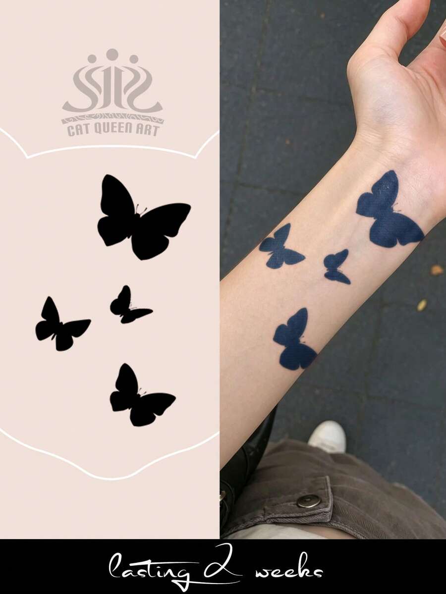 Herbal Juice Semi-Permanent Magic Tattoo Sticker, Large Butterfly Design, Long-Lasting 14 Days, Non-Fading, Non-Reflective, Temporary Tattoo Sticker For Arm, Shoulder, Neck, Collarbone, Waist, Abdomen, Body, 1pc/Pack - Blue - View 1