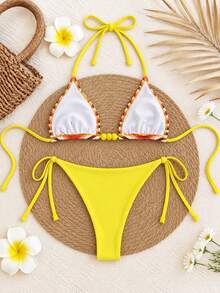 Valentine's Day Spring/Summer New Vibrant Colorblock Striped Halter Bikini Beach Vacation Party Date Sexy Two Pieces Swimsuit Set - Multicolor - View 3