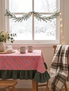 1pc Red & White Classic Small Plaid Blue Bow Print Tablecloth, Traditional Country Style Rectangular Green Leaf Edge Pleated Detail Stain-Resistant Protective Table Cover, Suitable For Christmas Family Gathering And Winter Holiday Dining Room Decor - Red - View 2