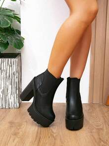 Women's Round Toe Thick Sole Ankle Boots With Side Elastic Panel Design, Chunky Heel Silhouette, Daily Fashion Boots - Black - View 2