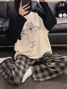 2pcs/Set Women's Pajamas Loungewear Set, Young Casual Pullover Round Neck Couple Style Long Sleeve Long Pants, Comfortable Home Style - Black and White - View 5
