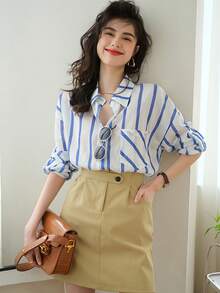 YUXIN Women's French Style Blue Stripe Shirt Oversized Collared Button Up Long Sleeve Fresh Casual Top For Vacation Date Weekend Office Fall Wear - Blue - View 2