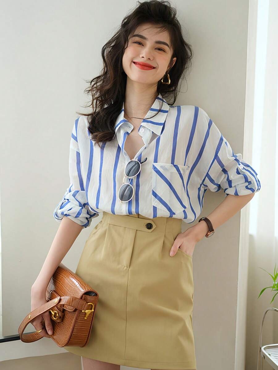YUXIN Women's French Style Blue Stripe Shirt Oversized Collared Button Up Long Sleeve Fresh Casual Top For Vacation Date Weekend Office Fall Wear