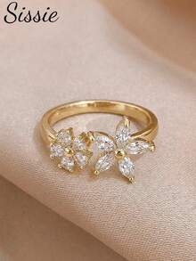 1pc Girl's Gold-Plated Five-Petal Flower Crystal Ring, Adjustable Flower Ring, Delicate Stackable Jewelry For Girls Party Prom Dates & Daily Wear - one-size - View 2