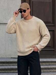 Lightweight Casual Textured Knit Sweater, Minimalist Design, Loose Fit Crew Neck Pullover For Unisex, Suitable For Autumn/Winter - Light Yellow - View 2