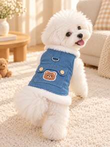 Cute Bear Print Double-Layer Fleece Pet Vest - Thickened Warmth, Soft & Comfortable, With Warm Wool Lining, D-Ring Chest Strap, Cute Bear Design - Winter Pet Jumpsuit (Blue) - Blue - View 3
