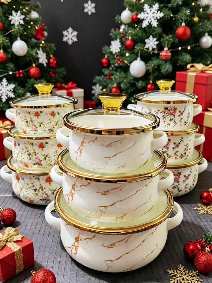 3pcs Multi-Color Enamel Coated Saucepan Set With Gold Trim, Including Small Milk Pot, Noodle Pot, Soup Pot, Suitable For Children's Food, Induction & Gas Stove, Household Mini Enamel Cookware Set - Three Piece Set - View 1