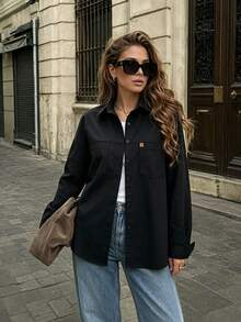 Women's Solid Color Front Button Pocket Casual Shirt Black - Black - View 6