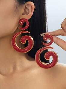 1Pair Exaggerated Chunky Swirl Metallic Dangle Earrings, Spiral Drop Earrings For Party - Red - View 1