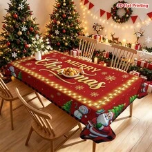1件紅色背景聖誕主題桌布，飾有金色Merry Christmas文字、燈串邊框、雪花、聖誕樹、雪人、聖誕老人、禮物盒與馴鹿雪橇圖案，適用於廚房餐桌、餐廳裝飾、野餐露營、派對裝飾、農舍風格、桌面美化與節日氛圍營造 - 彩色 - 查看 8