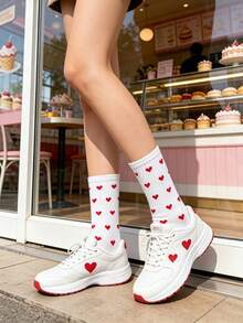 5 Pairs Sweet Red Heart All-Over Print Mid-Calf Socks, Simple White Heart Pattern Student Socks, Versatile Daily Wear Girls Socks - White - View 6