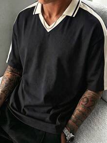 男士拼接條紋 Polo 領短袖休閒 T 恤 - 黑色 - 查看 2