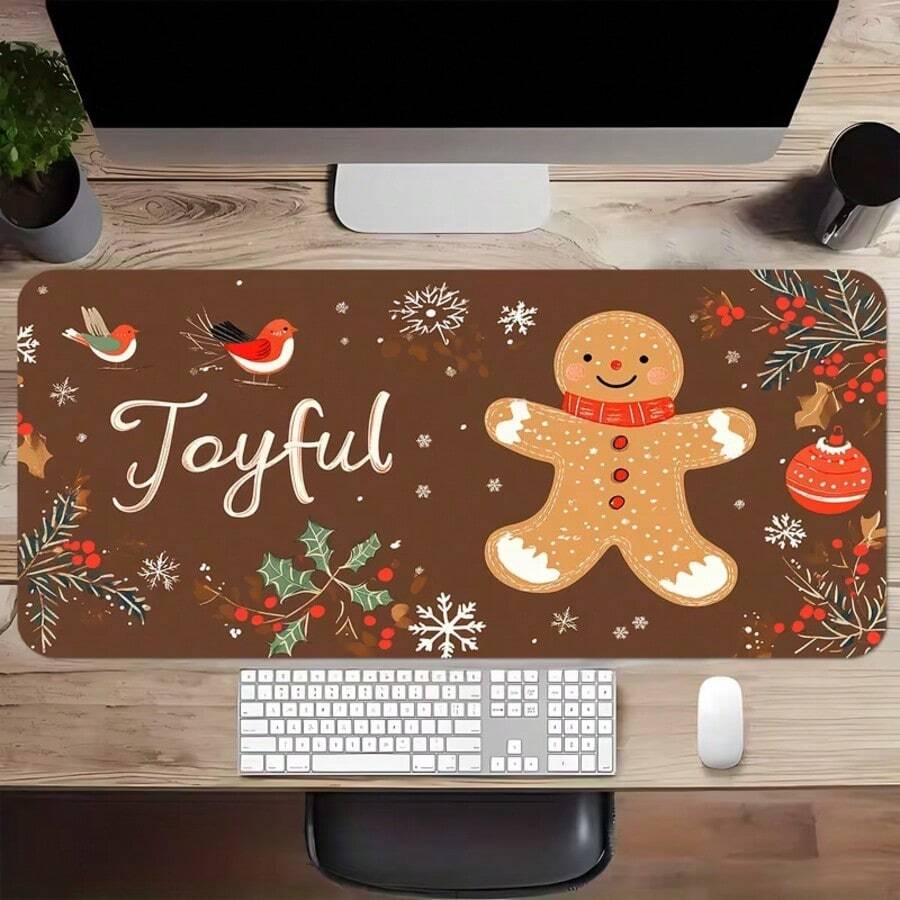 DFlat "Joyful" Cartoon Cute INS Style Large Gingerbread Man & Snowflake Bird Pattern, Christmas Celebration Atmosphere Home Gift Decor, High-Quality Rubber Base, Highly Attractive Durable Desk Mat, Office Desk Accessory, Suitable For Back To School Office Desk Decor Mat, Gaming Mouse Pad, Romantic Decorative Atmosphere Mat, Large Long Mouse Pad - Snowflake Bird - View 1