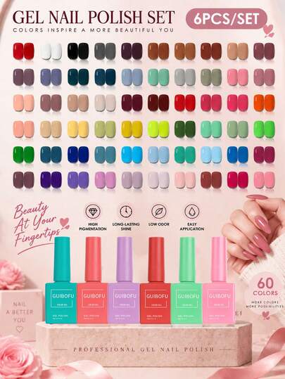 6 Colors Gel Nail Polish Set With Color-Matched Bottles, Suitable For Women's Spring, Autumn, Winter, Summer Manicure, Home DIY Manicure, Daily Manicure Styling, Personal Use Colorful Gel Set, Home Manicure And Seasonal Manicure Design