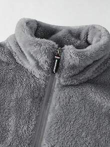 Men's Autumn/Winter Stand Collar Fleece Jacket, Thickened Thermal Lining, Solid Color, Versatile Zipper Closure, Casual Outdoor & Home Wear - Grey - View 3