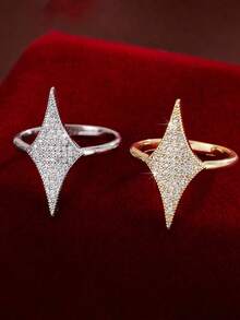 1pc Gold & Silver Tone Adjustable Open Four-Pointed Star Ring, Fully Pave Cubic Zirconia Women's Party Fashion Jewelry - Four-pointed Star - View 2